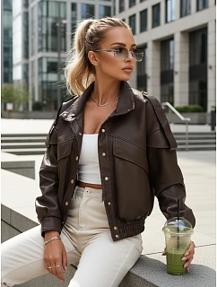 Dámská bunda z ekokůže s žebrovaným lemem a límcem hnědá FashionStreet TY5645