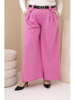 Dámské kalhoty Plus Size viskózové s širokým nohavicí a páskem růžové