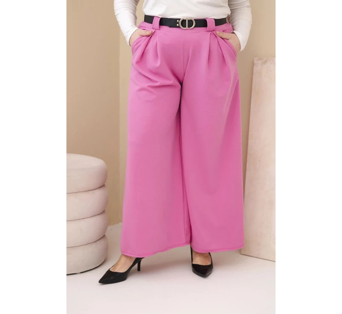 Dámské kalhoty Plus Size viskózové s širokým nohavicí a páskem růžové