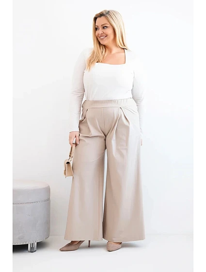 Dámské kalhoty Plus Size se širokými nohavicemi a model 21911608 tmavě béžové - K-Fashion