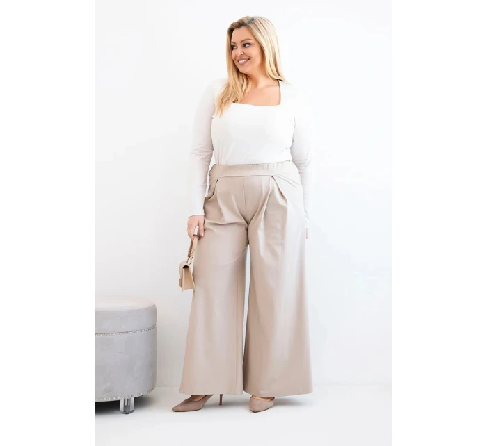 Dámské kalhoty Plus Size se širokými nohavicemi a model 21911608 tmavě béžové - K-Fashion