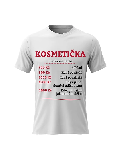 Dámské bavlněné tričko s potiskem - HODINOVÁ SAZBA KOSMETIČKA - bílé