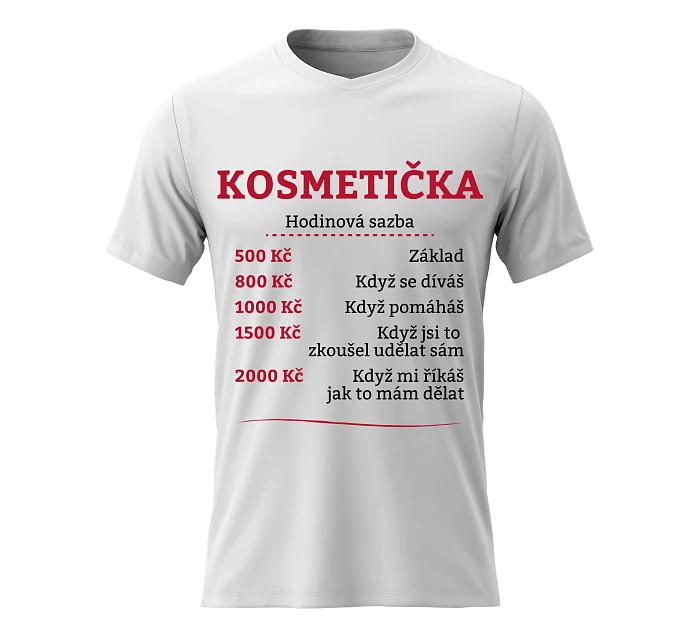 Dámské bavlněné tričko s potiskem - HODINOVÁ SAZBA KOSMETIČKA - bílé