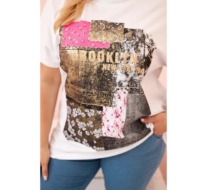 Dámská bavlněná halenka Plus Size s barevným potiskem bílá + růžová