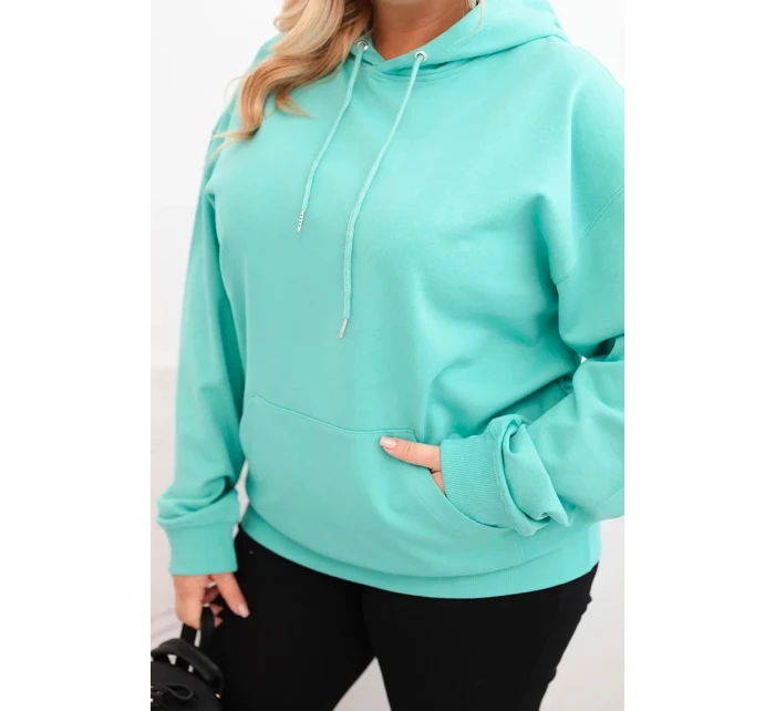 Dámská mikina s kapucí a klokankou Plus Size z bavlny mátová
