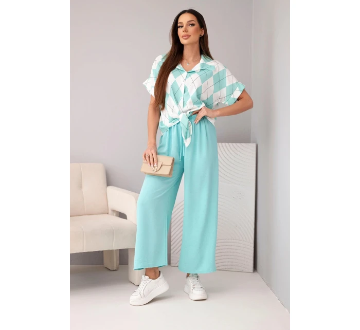 Komplet dámský viskózový košile s vázáním a kalhoty s gumou mátová
