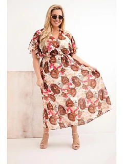 Dámské šaty Plus Size v květinovém vzoru s vázáním hnědá