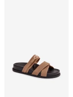 Dámské pantofle s pásky a zlatým přezkou tmavě béžové model 21954632 - Boto