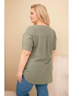 Dámská bavlněná halenka Plus Size s výstřihem na knoflíky khaki Dámská bavlněná halenka Plus Size s výstřihem na knoflíky khaki