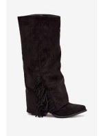 Zateplené Kozačky Kavalíři Dámské Na Podpatku S Třásněmi Černé Zalia