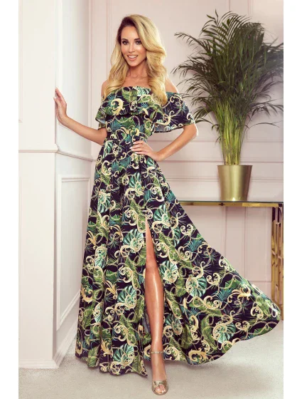 Dlouhé dámské šaty se španělským výstřihem a vzorem zelených listů a zlatých řetízků 194-4