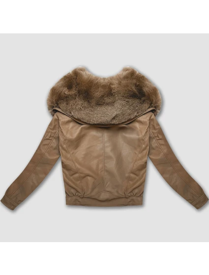Kožená bunda ve velbloudí barvě s velkým límcem model 21809040 - Glakate Kožená bunda ve velbloudí barvě s velkým límcem model 21809040 - Glakate