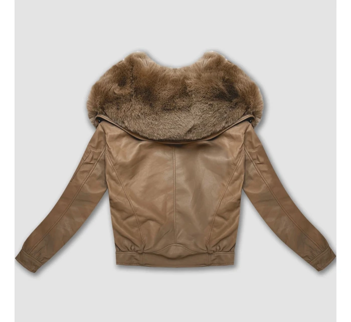 Kožená bunda ve velbloudí barvě s velkým kožešinovým límcem Glakate (LU98090#) Kožená bunda ve velbloudí barvě s velkým kožešinovým límcem Glakate (LU98090#)