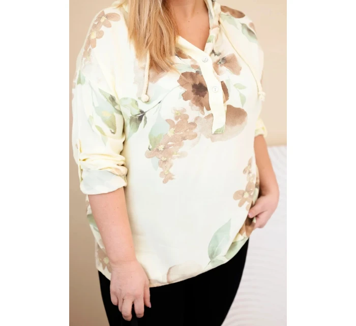 Dámská blůza Plus Size z viskózy s kapucí a květinovým vzorem žlutá Dámská blůza Plus Size z viskózy s kapucí a květinovým vzorem žlutá