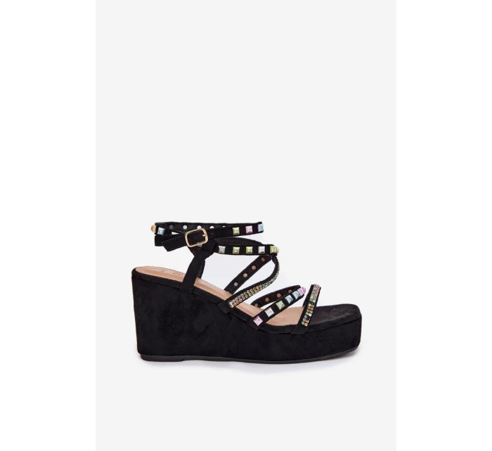Dámské Sandály Na Klínu Se Zdobením Na Páscích Černé Lunara