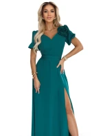 Elegantní dlouhé šaty s páskem a vysokým rozparkem lahvově zelené model 21779075 - numoco Elegantní dlouhé šaty s páskem a vysokým rozparkem lahvově zelené model 21779075 - numoco