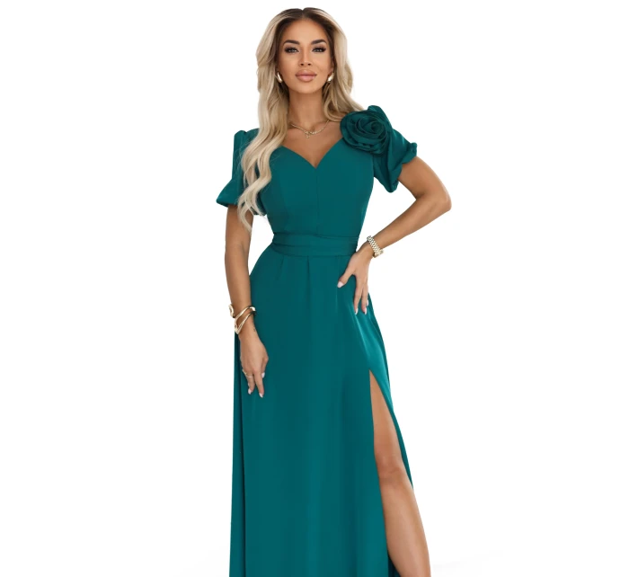 Elegantní dlouhé šaty s páskem a vysokým rozparkem lahvově zelené model 21779075 - numoco Elegantní dlouhé šaty s páskem a vysokým rozparkem lahvově zelené model 21779075 - numoco