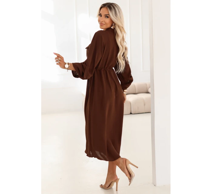 651-1 Šaty midi s knoflíky a páskem - čokoládové 651-1 Šaty midi s knoflíky a páskem - čokoládové