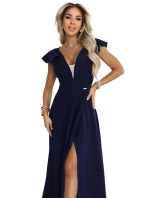 Elegantní maxi šaty s hlubokým výstřihem a rozparkem na nohou tmavě modré model 21861000 - numoco
