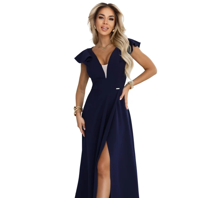 Elegantní maxi šaty s hlubokým výstřihem a rozparkem na nohou tmavě modré model 21861000 - numoco