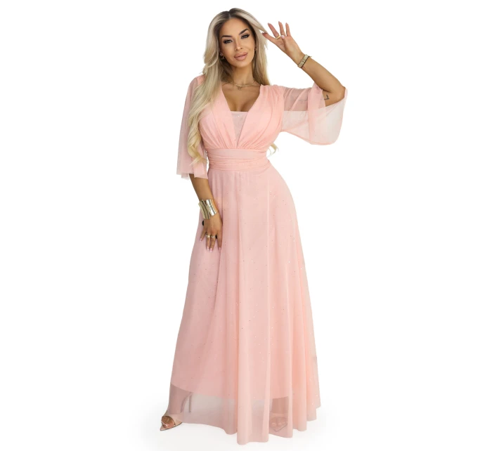 Dlouhé třpytivé plus size šaty s výstřihem a rukávy broskvová barva model 21961748 - numoco basic