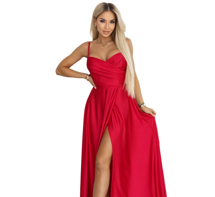 646-3 Dlouhé společenské šaty bez ramínek s rozparkem na nohou - červené