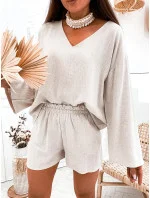 Béžový lněný dámský komplet - oversize halenka a šortky (752) Béžový lněný dámský komplet - oversize halenka a šortky (752)