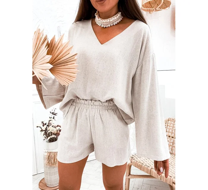 Béžový lněný dámský komplet - oversize halenka a šortky (752) Béžový lněný dámský komplet - oversize halenka a šortky (752)