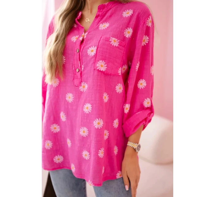 Lněná dámská halenka s květinovým vzorem, dlouhými rukávy a knoflíky Růžová