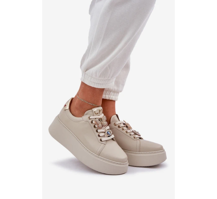 Dámské Kožené Tenisky Na Platformě S Ozdobami model 21683822 Světle Béžové - CheBello