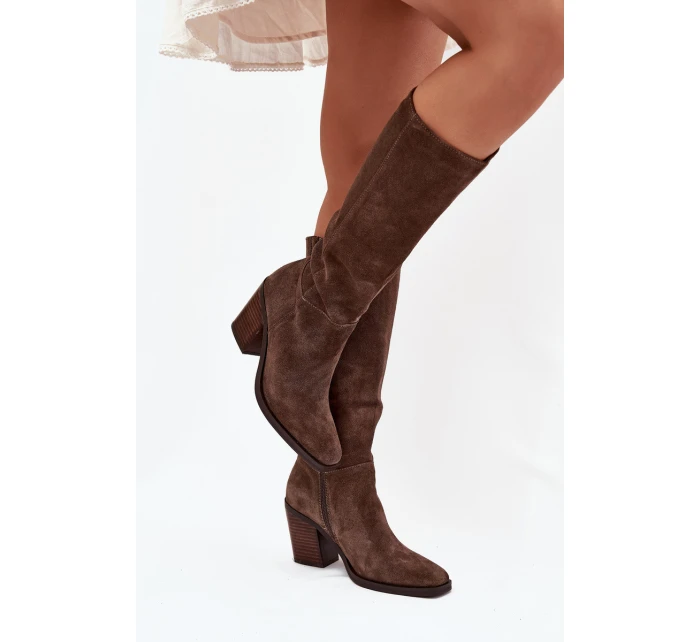 Dámské kozačky na sloupkovém podpatku se zipem Lissara – hnědé, eko semiš