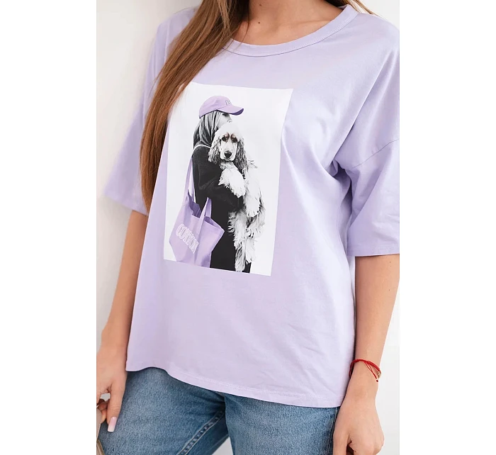 Dámská bavlněná oversize halenka s krátkým rukávem a módním potiskem světle fialová