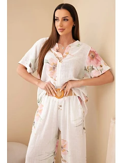 Dámský bavlněný komplet s krátkým rukávem a širokými nohavicemi bílý