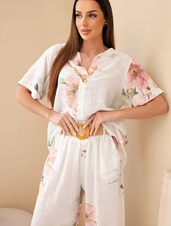 Dámský bavlněný komplet s krátkým rukávem a širokými nohavicemi bílý