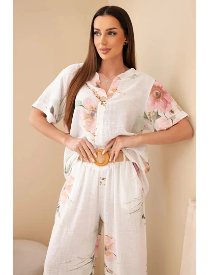 Dámský bavlněný komplet s krátkým rukávem a širokými nohavicemi bílý