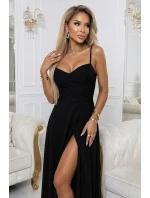 646-4 Dlouhé společenské šaty bez ramínek s rozparkem na nohou - černé