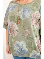 Dámská bavlněná halenka Plus Size s krátkým rukávem a květinovým vzorem khaki