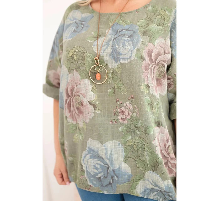 Dámská bavlněná halenka Plus Size s krátkým rukávem a květinovým vzorem khaki