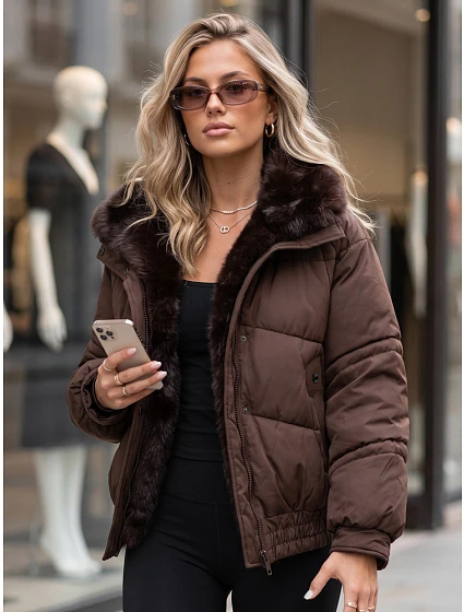 Dámská zimní prošívaná bunda s kožešinou, hnědá, FashionStreet TY6006 Dámská zimní prošívaná bunda s kožešinou, hnědá, FashionStreet TY6006