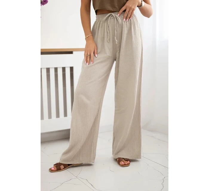 Mušelínové kalhoty se širokou nohavicí béžový