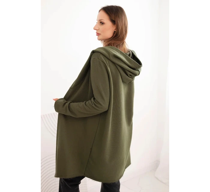 Dámská mikina z bavlny s kapucí a prodlouženým předním dílem khaki