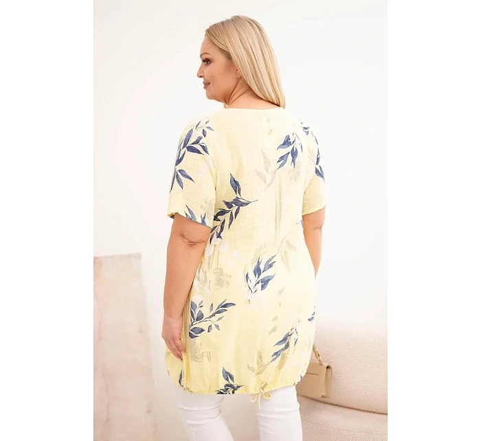 Dámská bavlněná halenka Plus Size s krátkým rukávem a vázáním dole žlutá