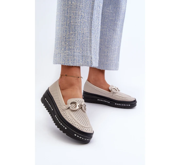 Dámské kožené mokasíny na platformě s ozdobou model 21660272 béžové - S.Barski