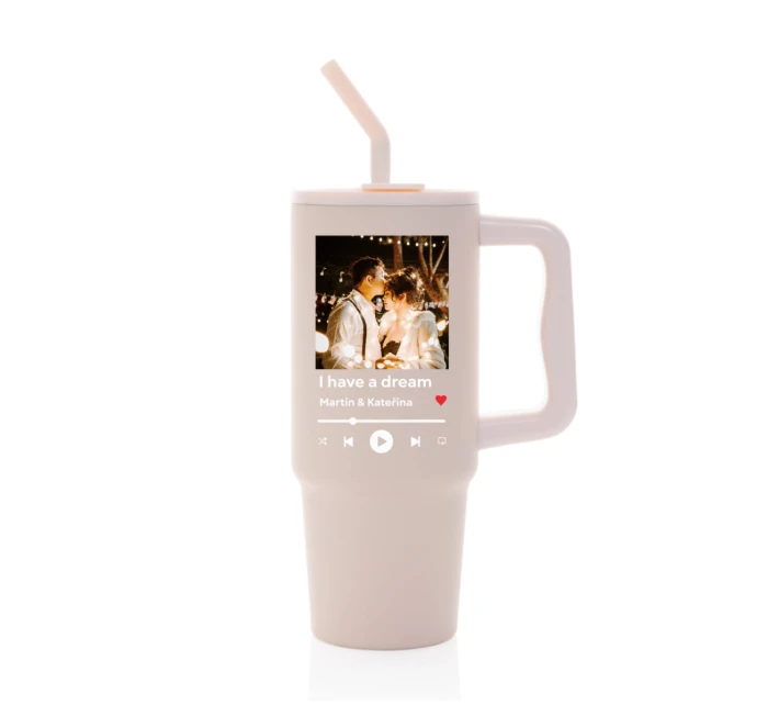 Cestovní termoska s barevným víčkem s vlastním odkazem na oblíbenou písničku