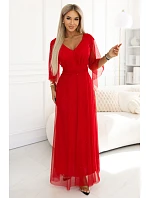 655-5 Dlouhé světlé třpytivé šaty s výstřihem a průhlednými rukávy - červené