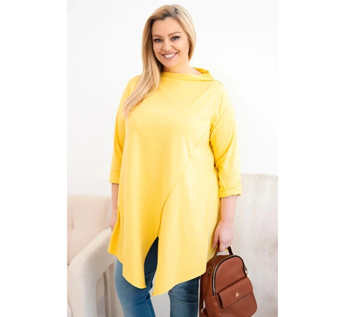 Dámská bavlněná blůza Plus Size asymetrická s ohrnutým rukávem žlutá