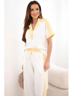 Dámský komplet máslový s polo mikinou a širokými kalhotami žlutý