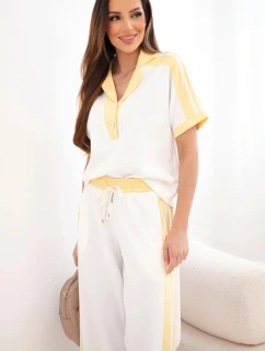 Dámský komplet máslový s polo mikinou a širokými kalhotami žlutý