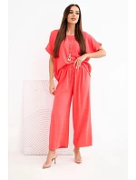 Dámský viskózový komplet halenka s krátkým rukávem a kalhoty se širokými nohavicemi malinový