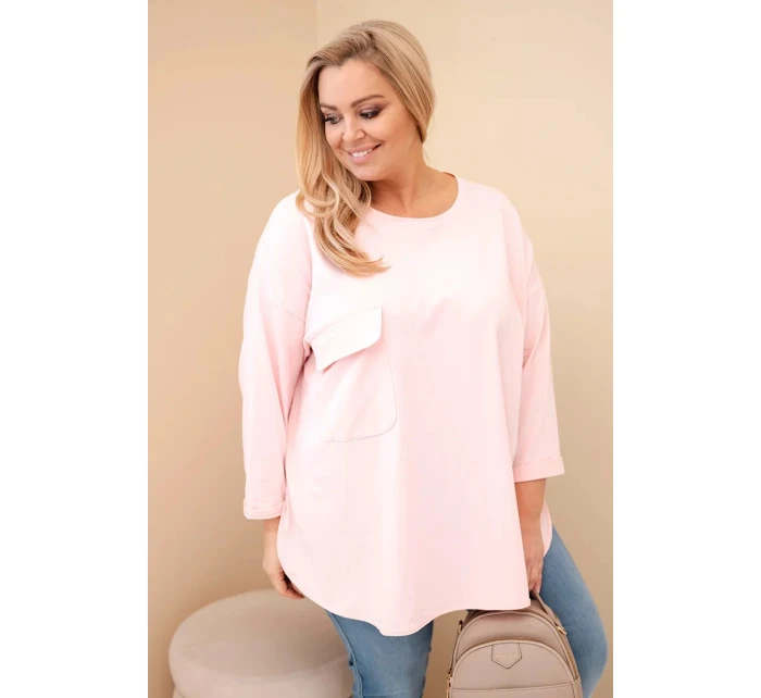 Dámská blůza Plus Size s bavlnou, kapsou a ohrnutým rukávem pudrově růžová